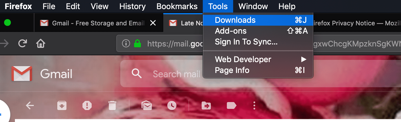 Скриншот Firefox, чтобы найти загрузки в разделе Инструменты.