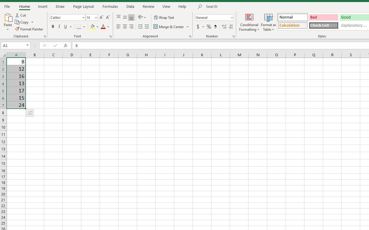 Снимок экрана с выделенными ячейками в Excel