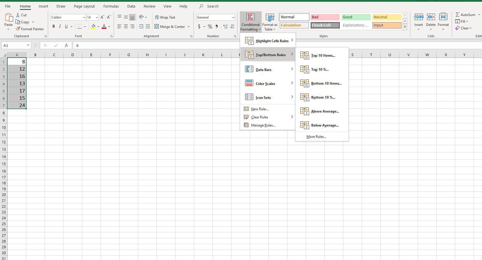 Снимок экрана списка верхних / нижних правил в Excel