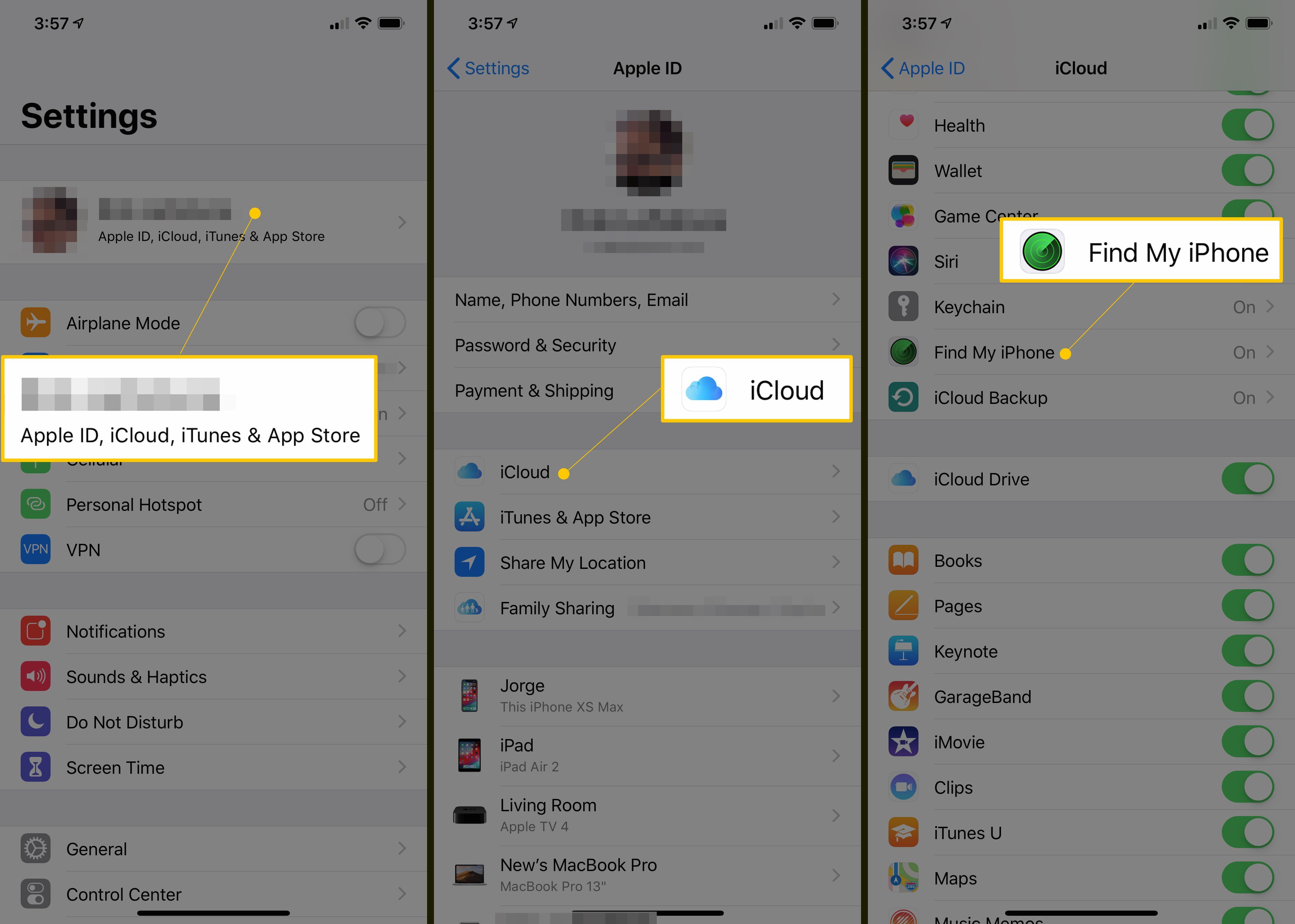 Три экрана iOS со ссылкой на имя, кнопкой iCloud и кнопкой «Найти мой iPhone»