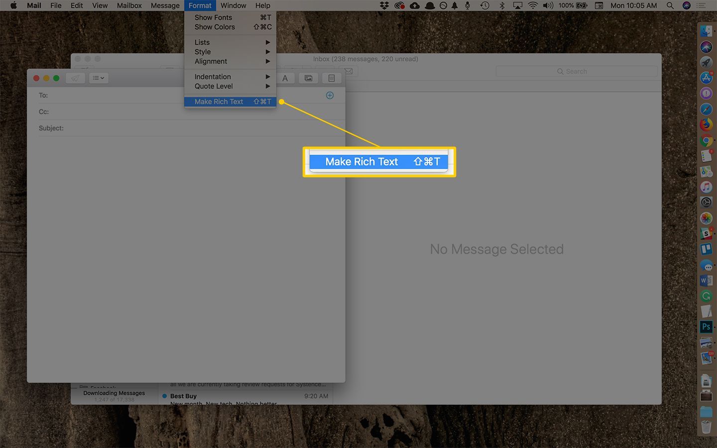 Сделать пункт меню Rich Text в приложении OS X Mail