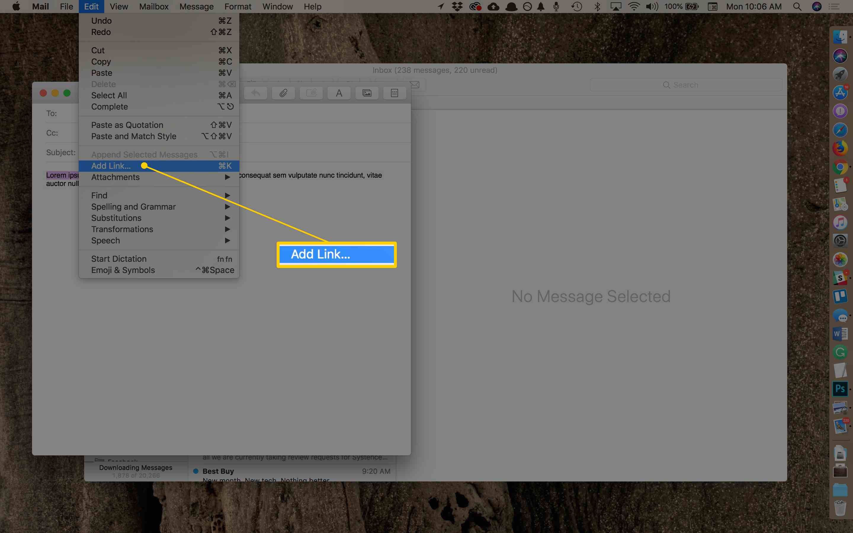Пункт меню Добавить ссылку ... в меню Правка приложения MacOS Mail