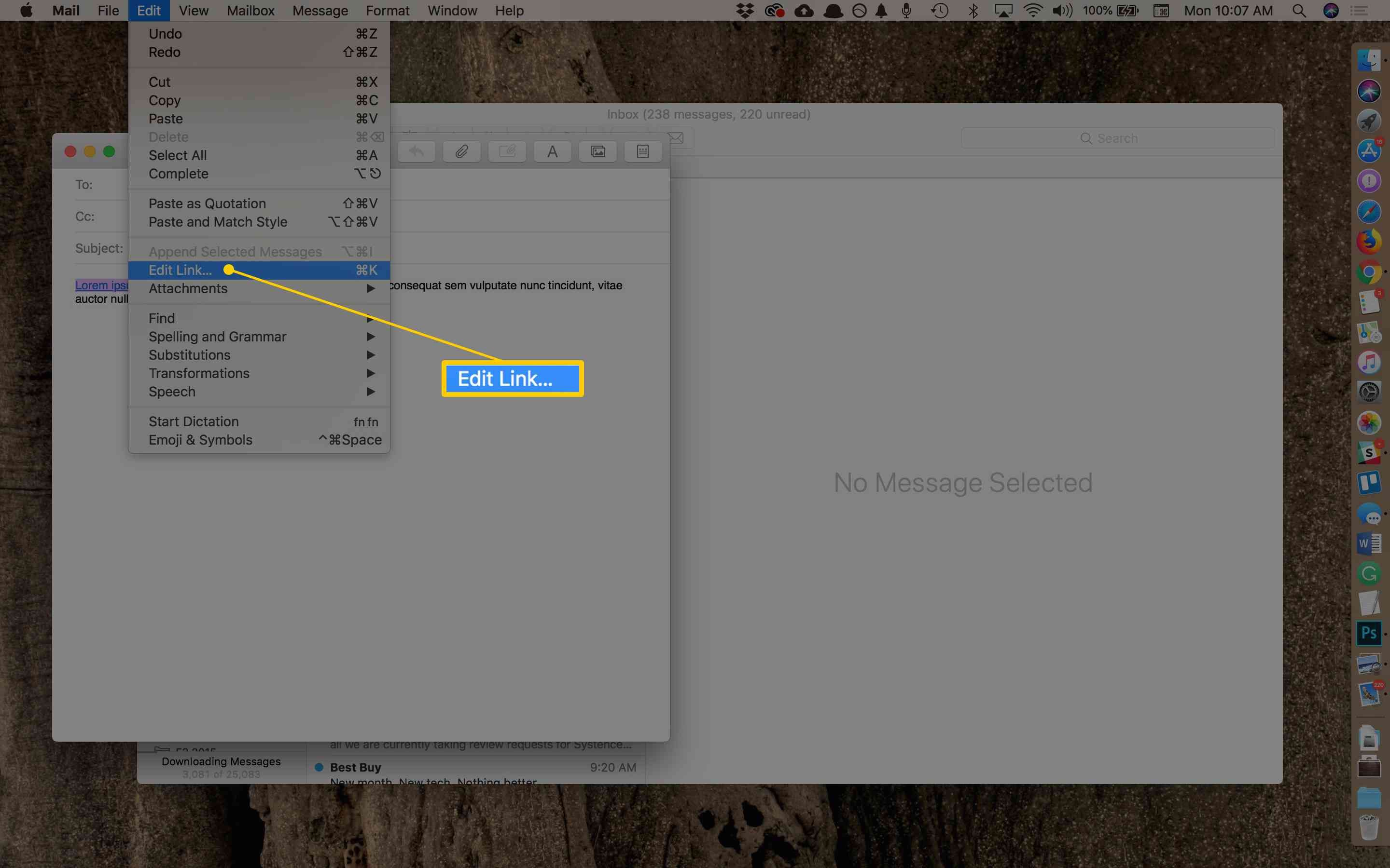 Пункт меню Изменить ссылку ... в приложении MacOS Mail