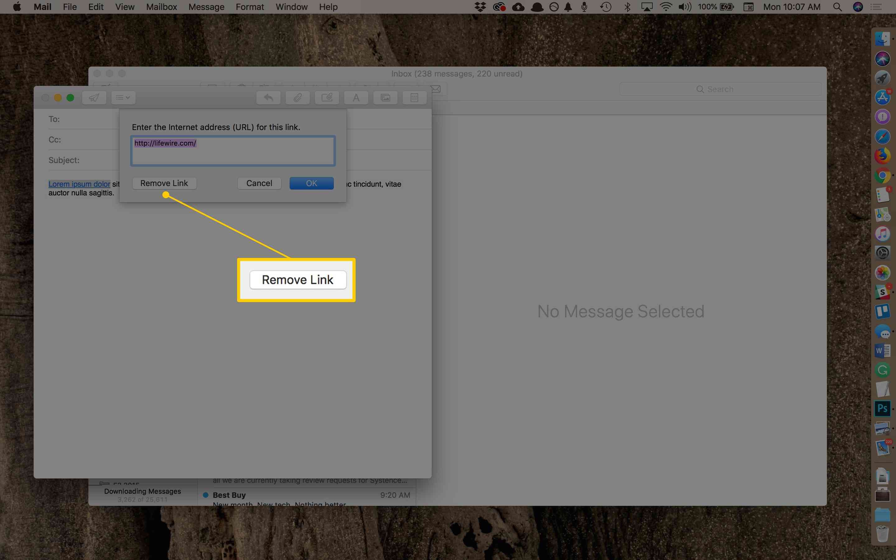 Кнопка удаления ссылки в приложении MacOS Mail