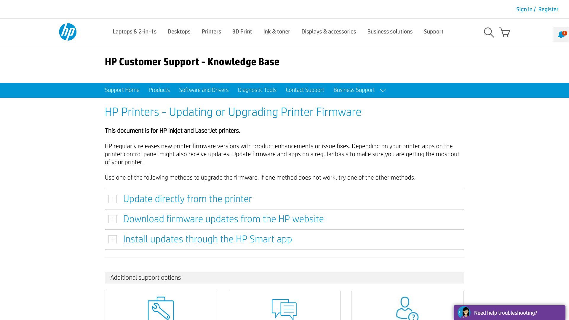 Снимок экрана веб-страницы принтера HP для