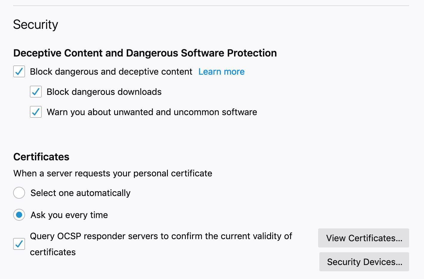 Раздел безопасности Firefox Конфиденциальность и безопасность