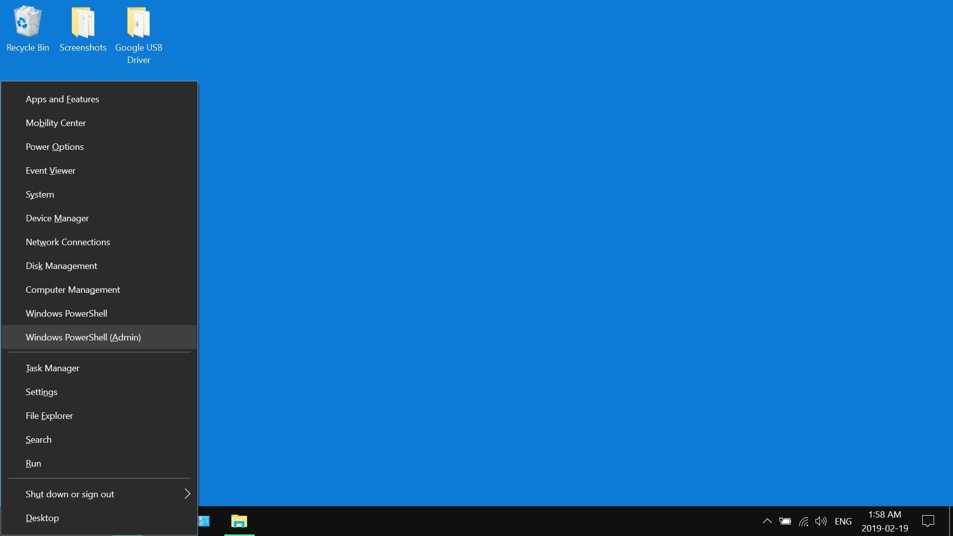 Скриншот меню быстрых ссылок в Windows 10.