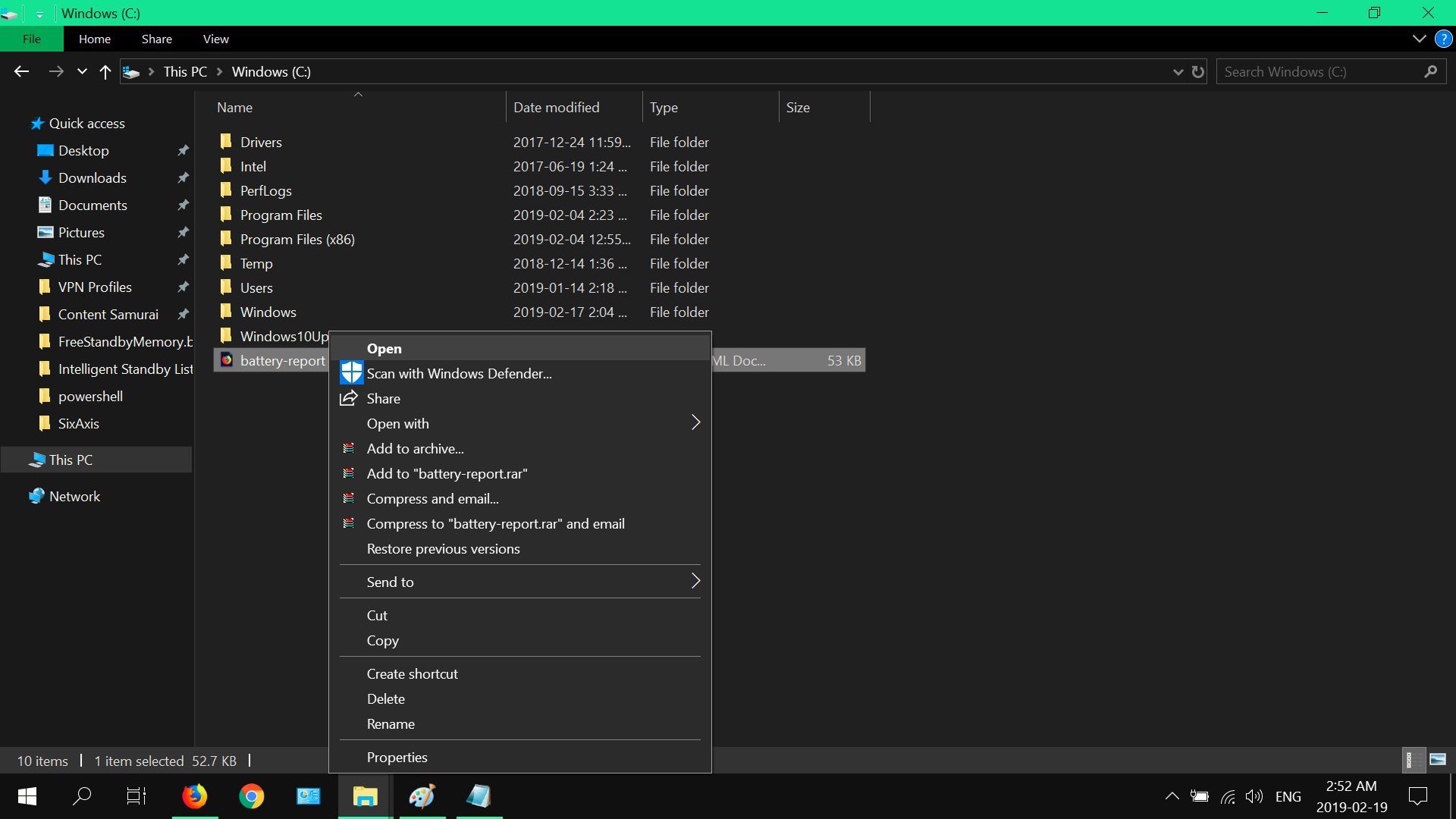 Скриншот проводника Windows 10, открывающего отчет об аккумуляторе в формате html.