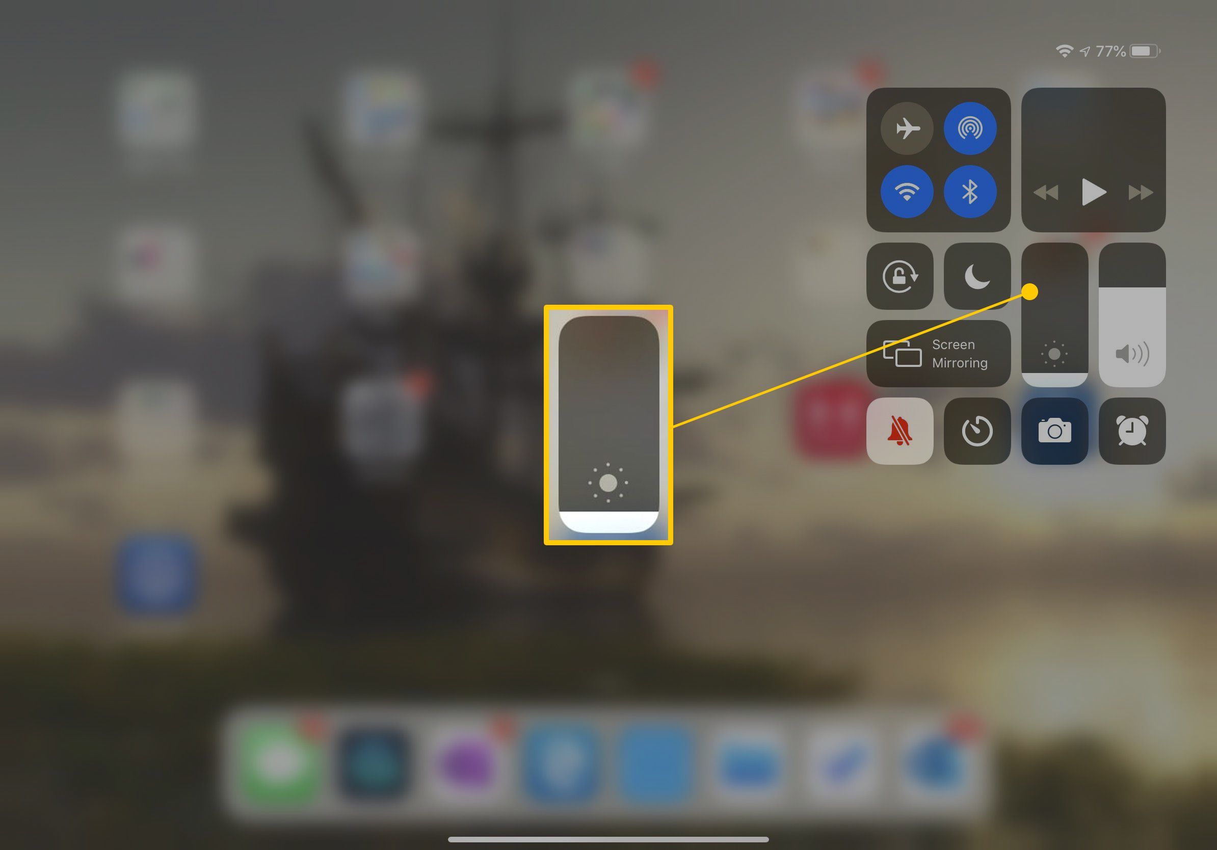 Слайдер яркости в Центре управления для iOS на iPad