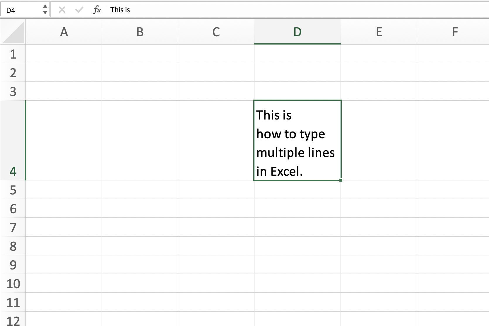 Снимок экрана Excel, показывающий ячейку с несколькими строками