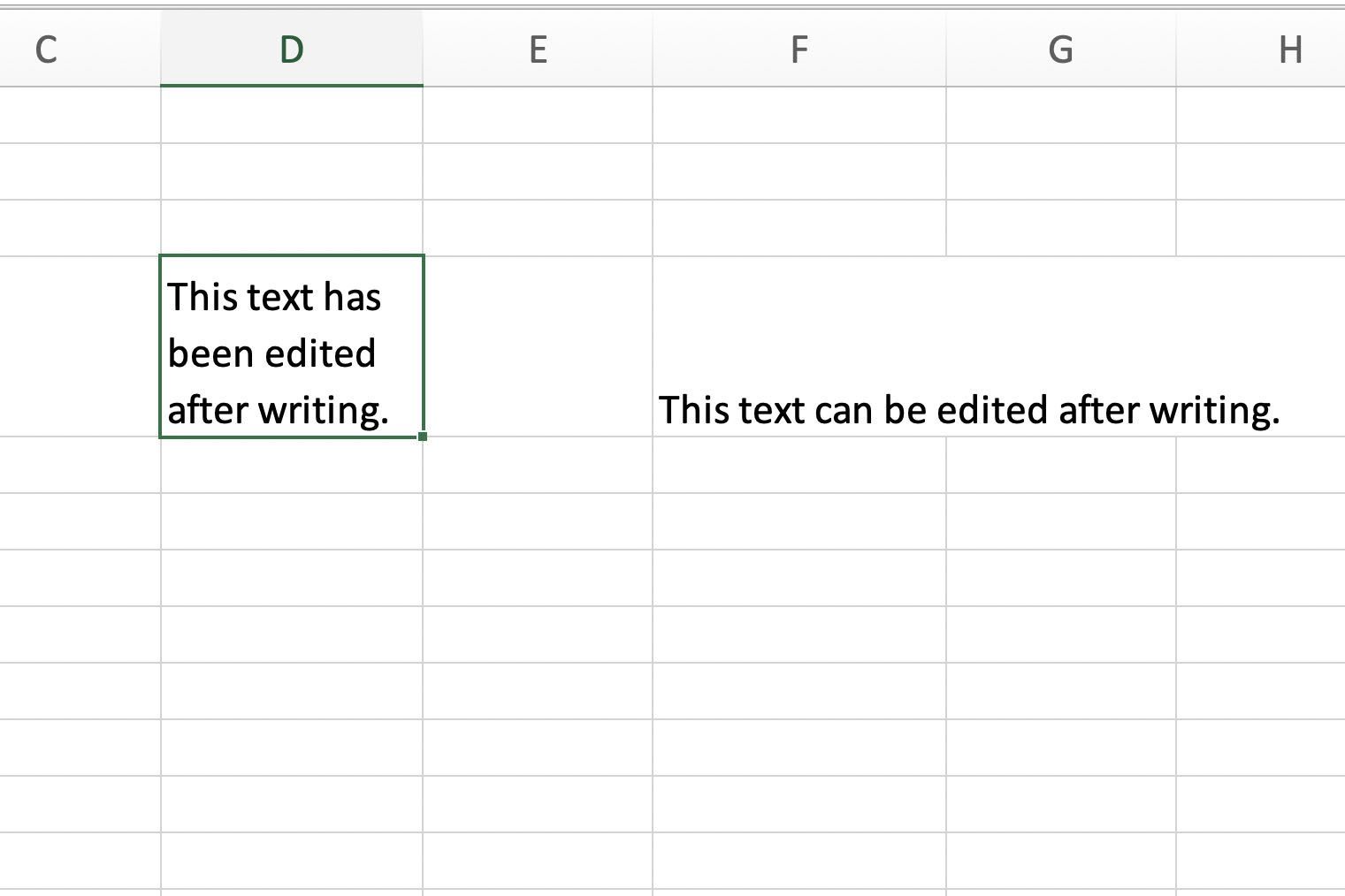 Снимок экрана Excel с текстом, отредактированным после написания