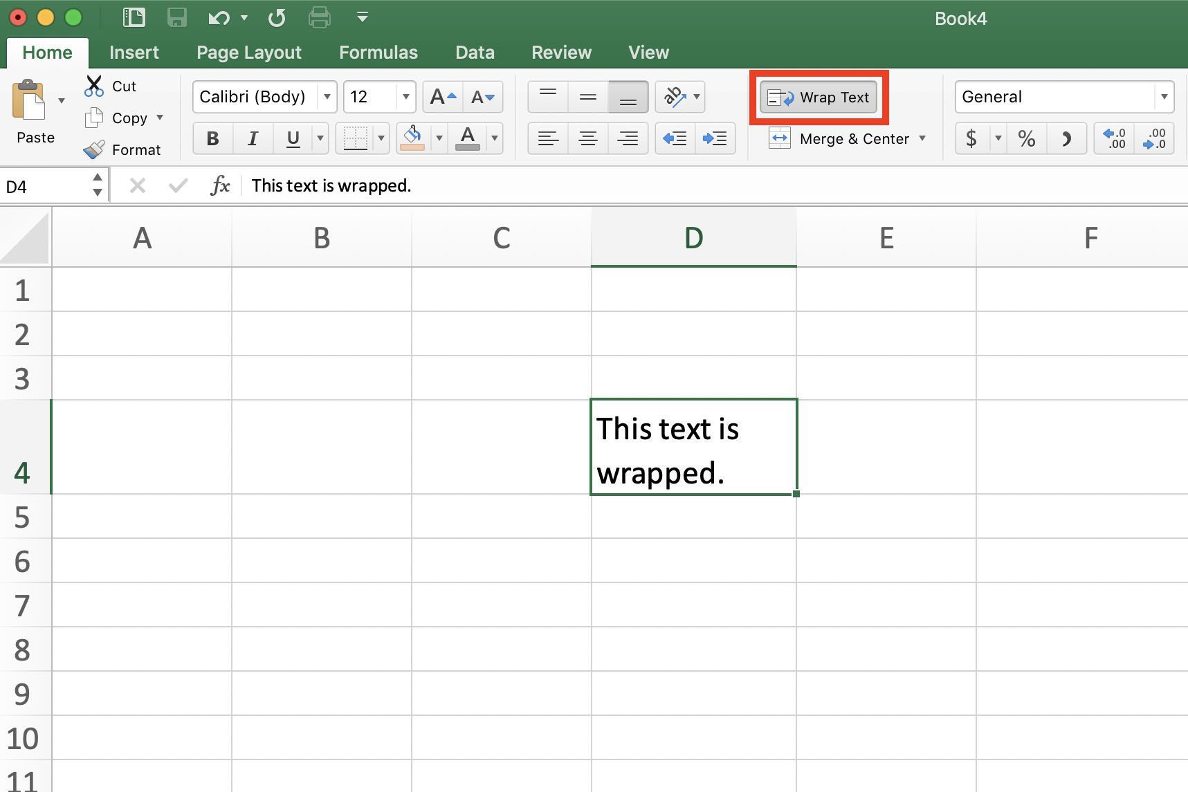 Снимок экрана Excel, показывающий завернутый текст с помощью ленты