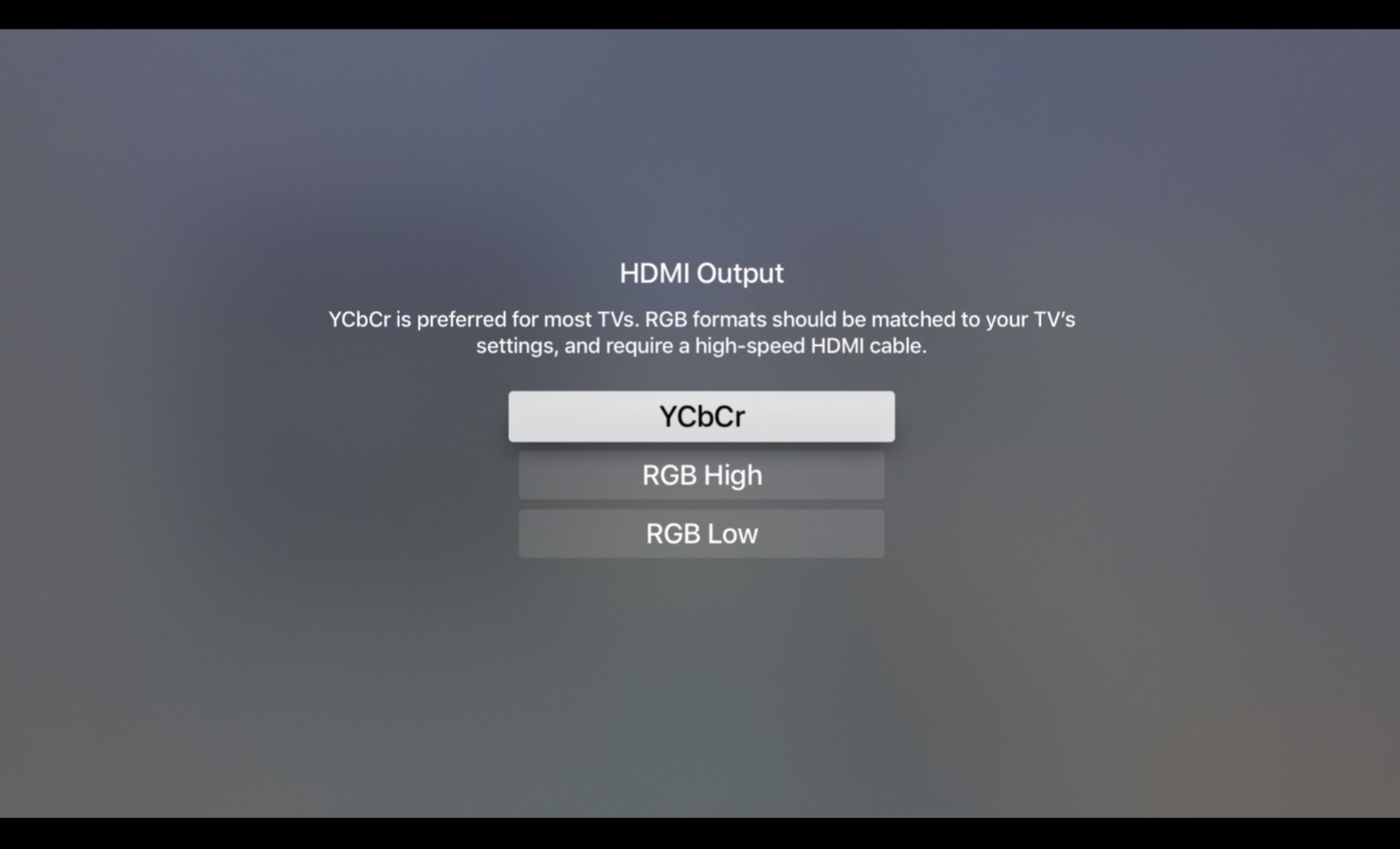 Экран HDMI Output на Apple TV, установлен на YCbEr
