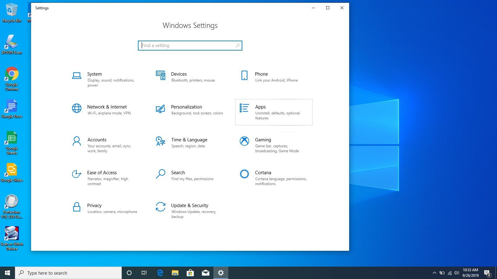 Настройки Windows в Windows 10.