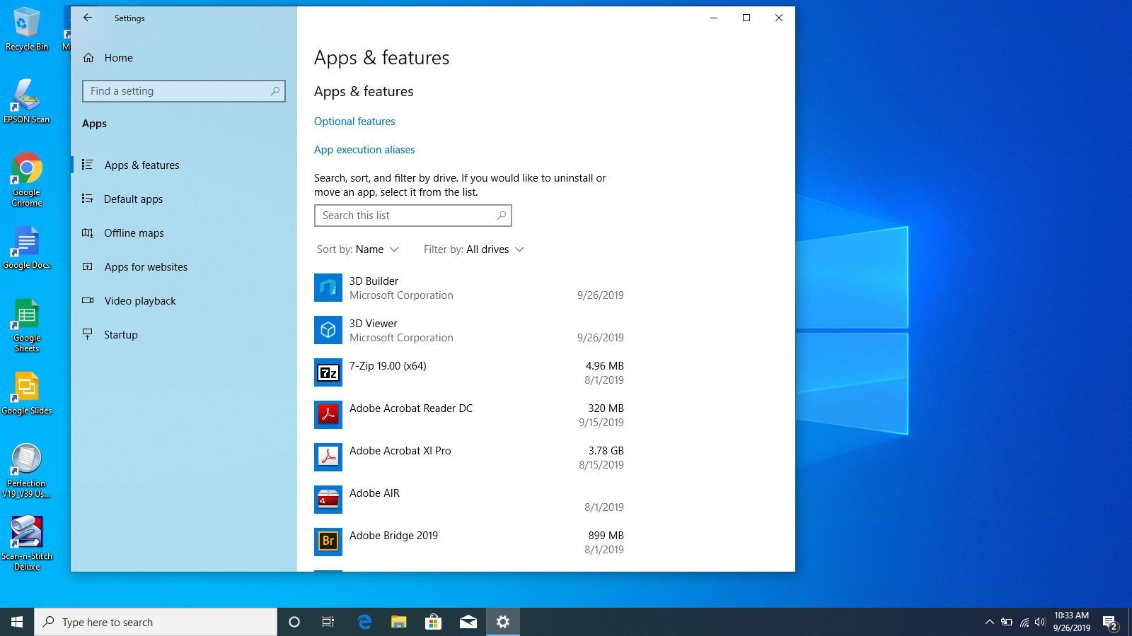Приложения и функции в Windows 10.