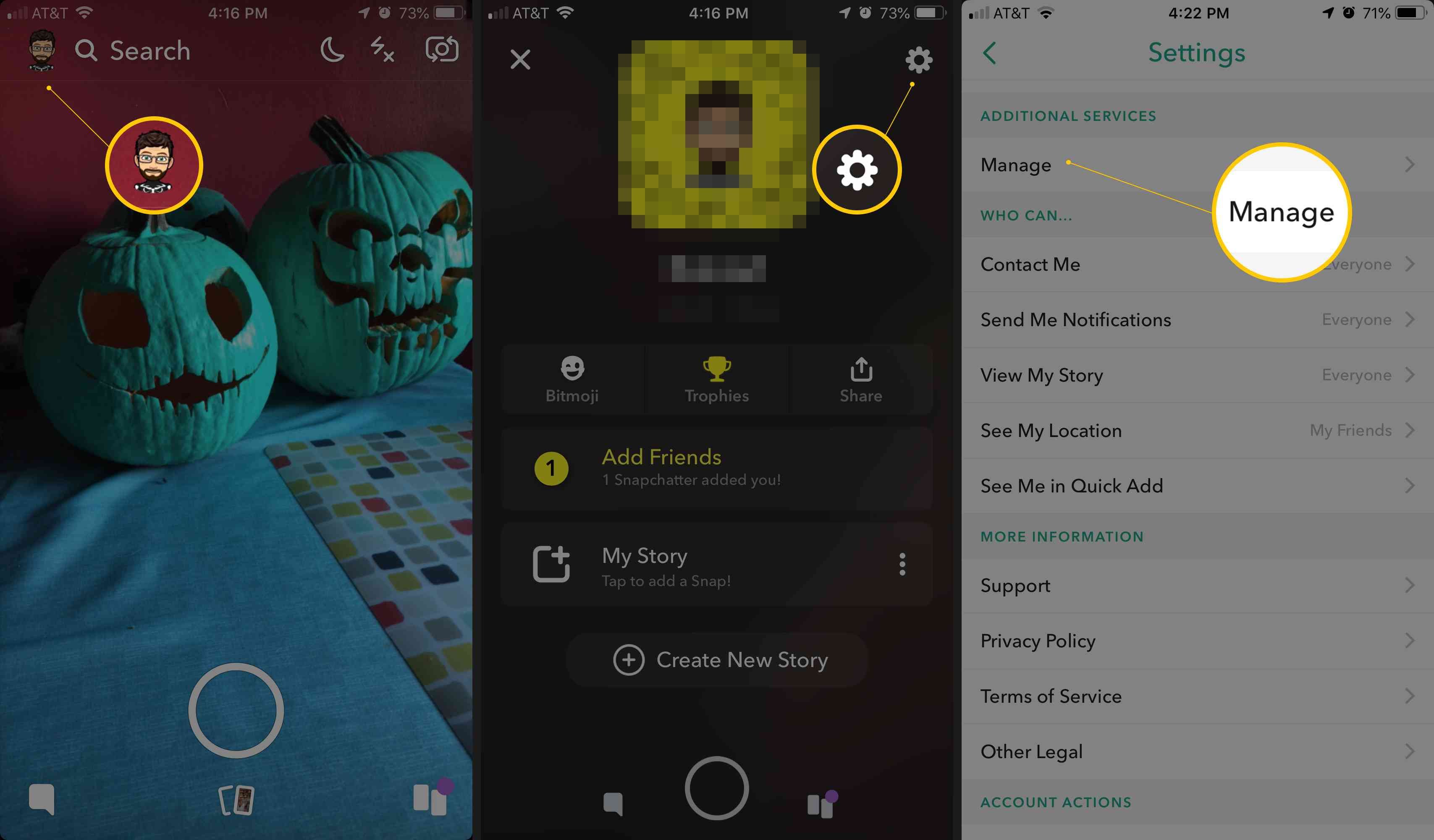 Три экрана iOS, показывающие значок профиля, значок шестеренки и кнопку «Управление» в настройках Snapchat