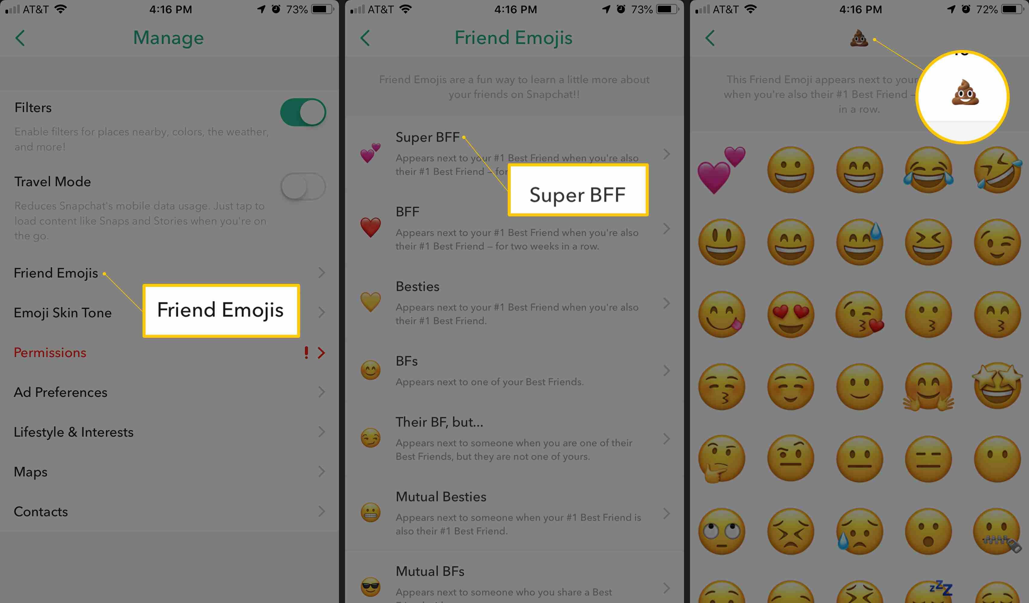 Три экрана iOS, на которых изображены друзья Emojis, Super BFF и Pile of Poo emoji в Snapchat