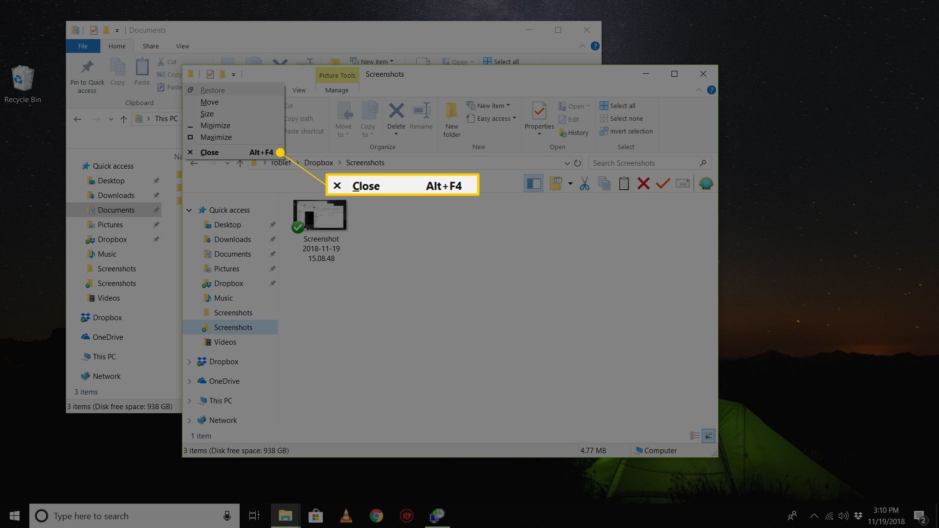 Закрыть Alt + F4 меню в Windows 10