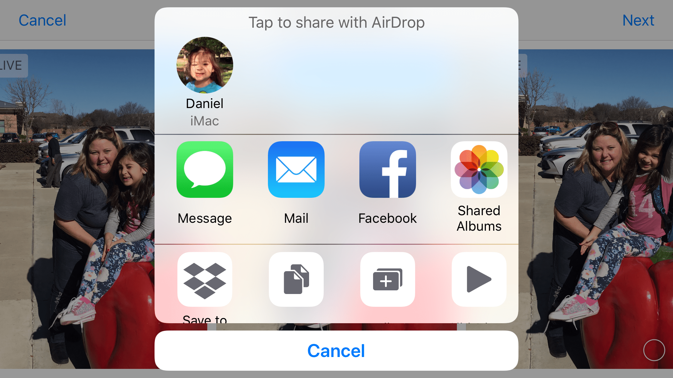 Снимок экрана iPhone с AirDrop отображается