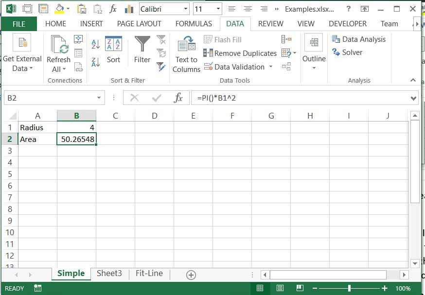 Уравнение для площади круга в Excel