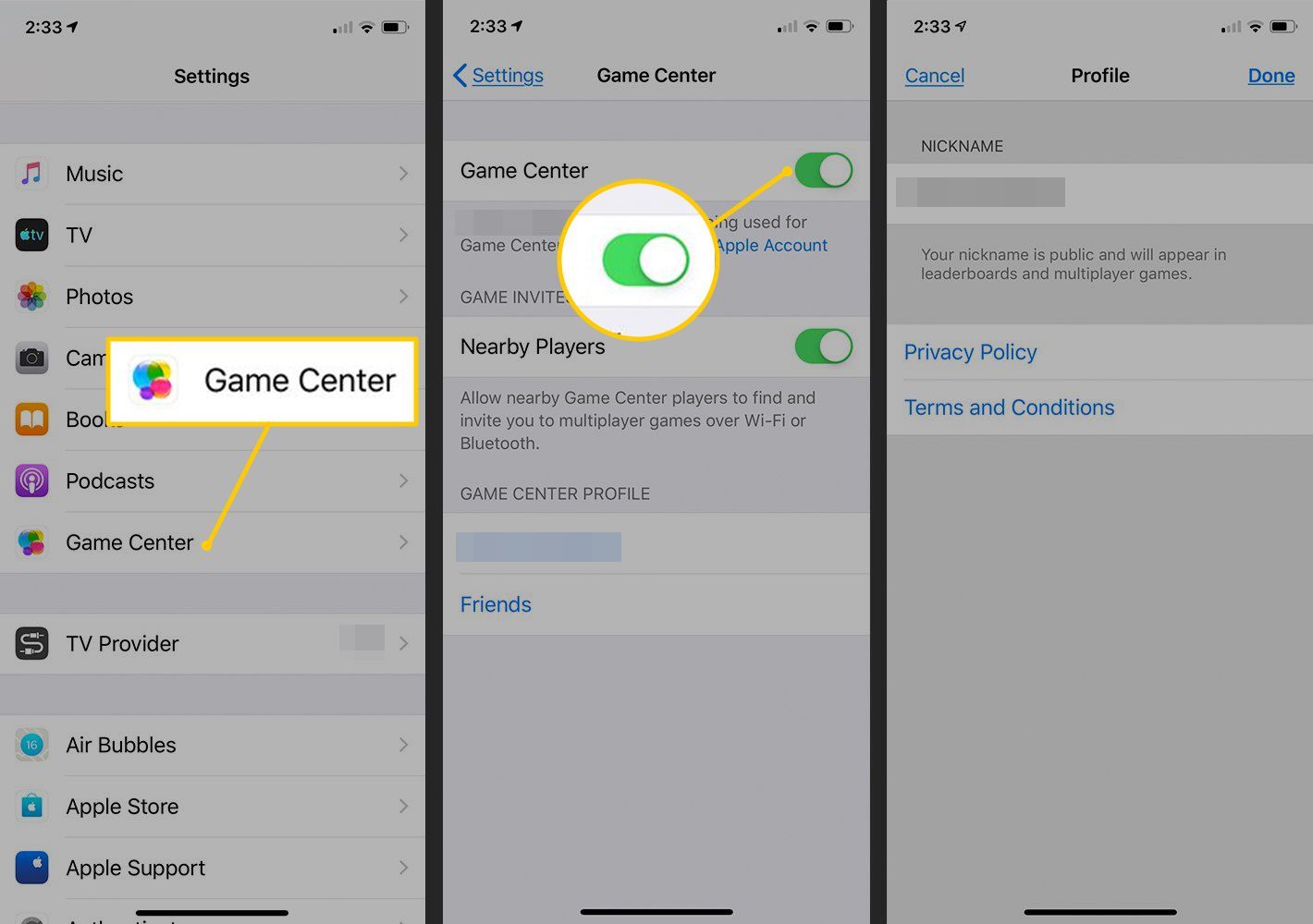 Game Center, Game Center включает настройки iOS