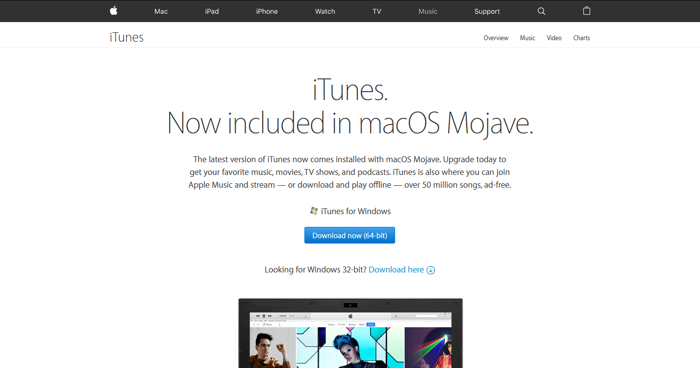 Экран загрузки iTunes для Windows
