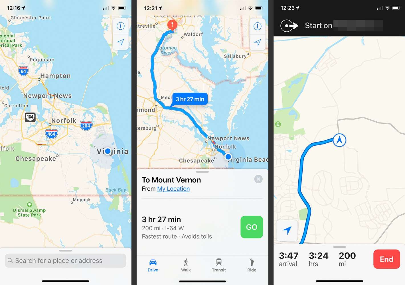 Приложение Apple Maps на iPhone, показывающее маршрут назначения