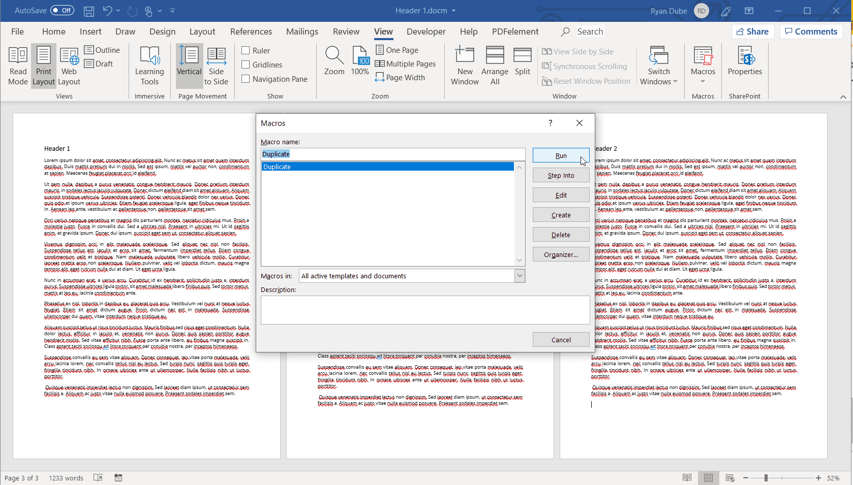 Снимок экрана запуска макроса в Excel