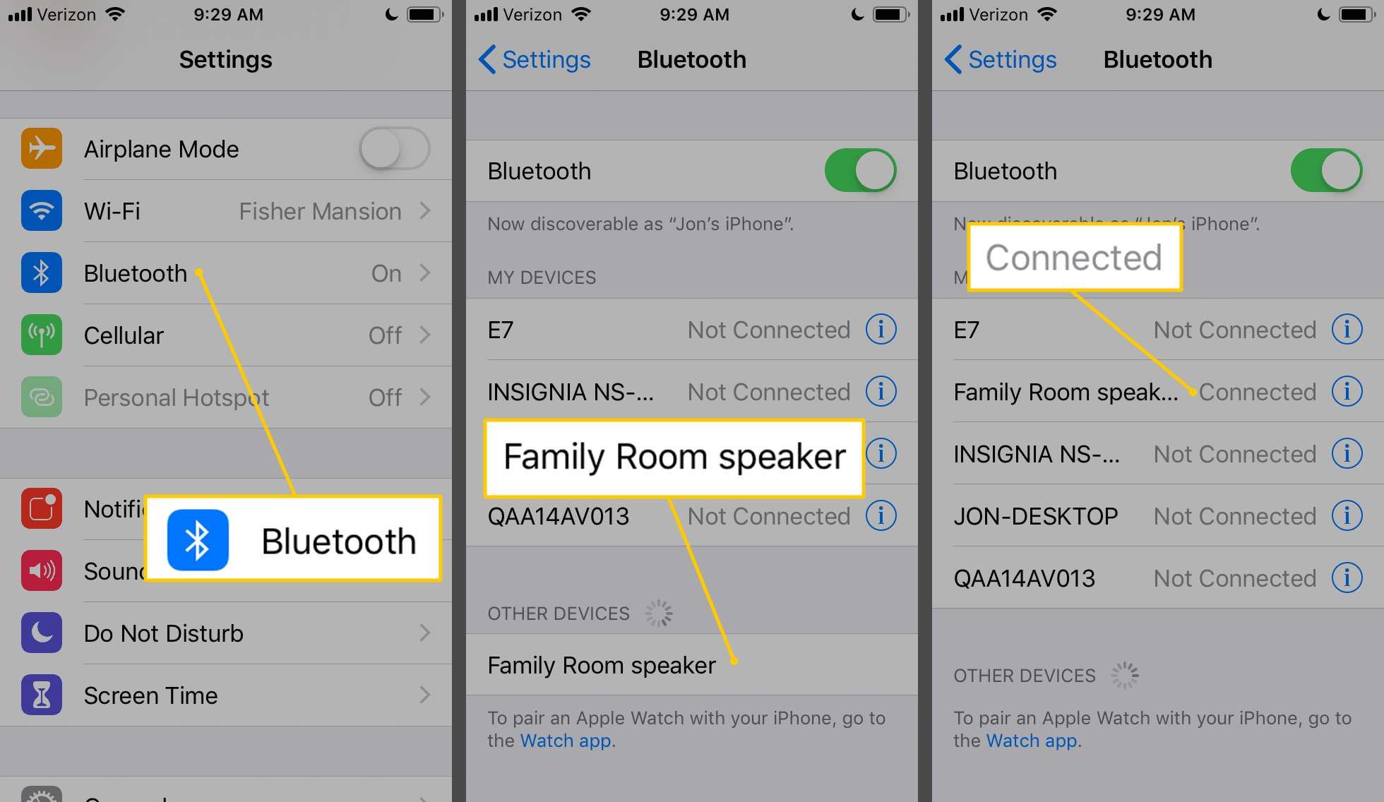 Bluetooth, устройство для подключения, сообщение о подключении в настройках iOS