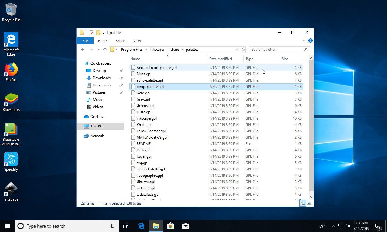 Палитра Windows 10 вставлена ​​в папку Inkscape