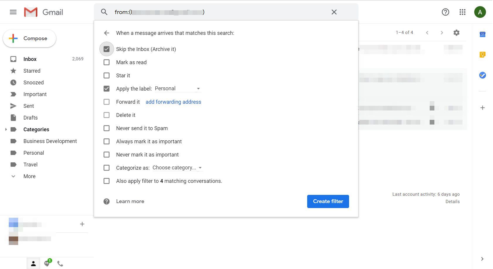 Gmail с отображенным диалоговым окном фильтра