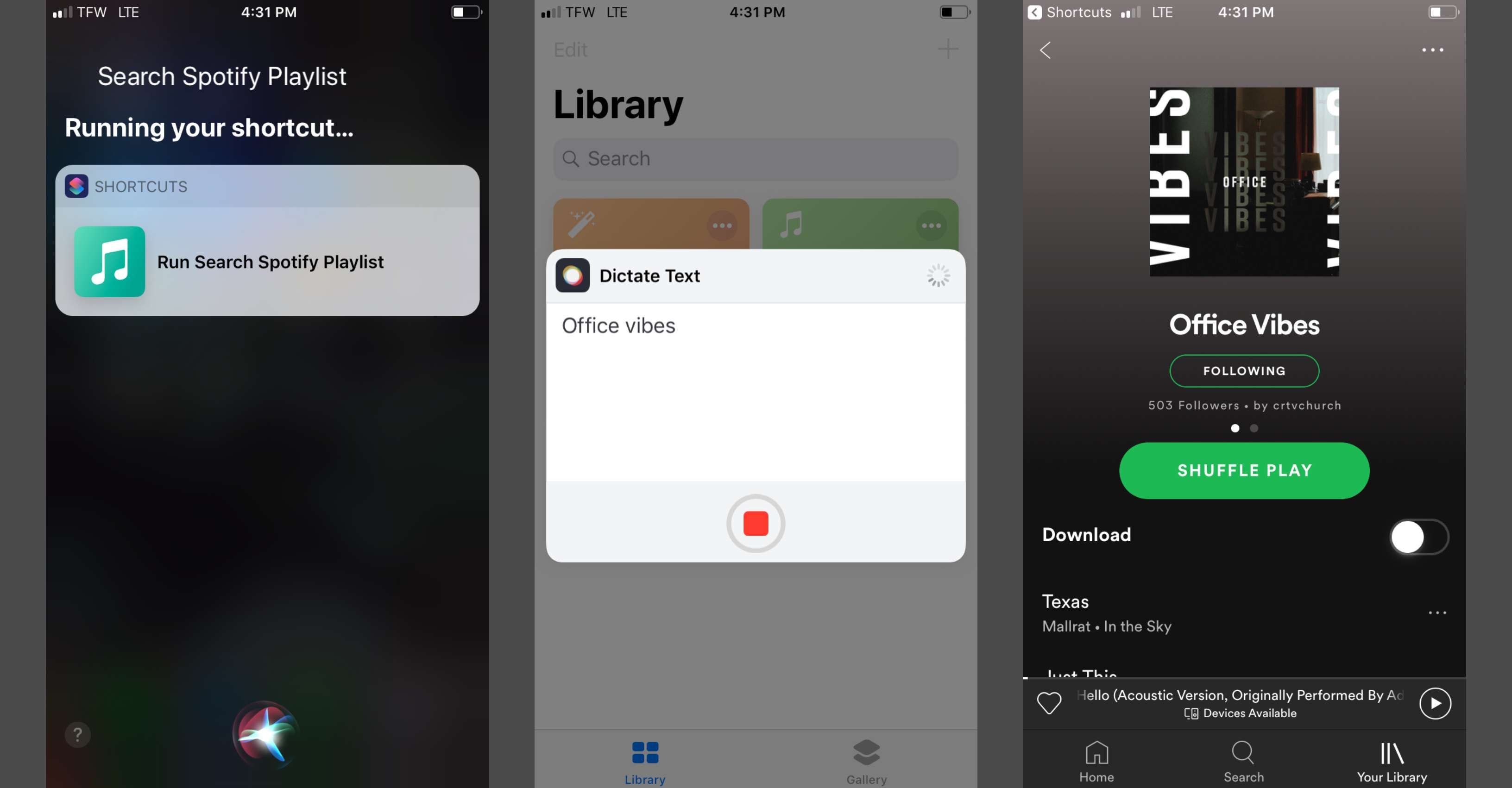 Использование Siri Shortcuts для поиска плейлиста в Spotify