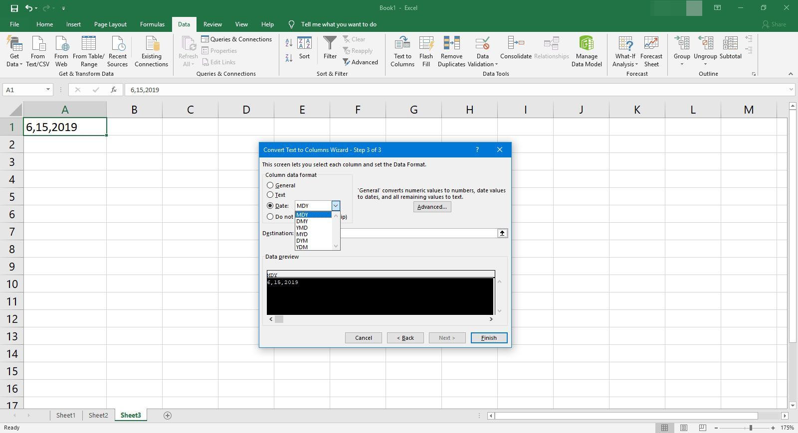 Выбор формата даты в мастере преобразования текста в столбцы в Excel.