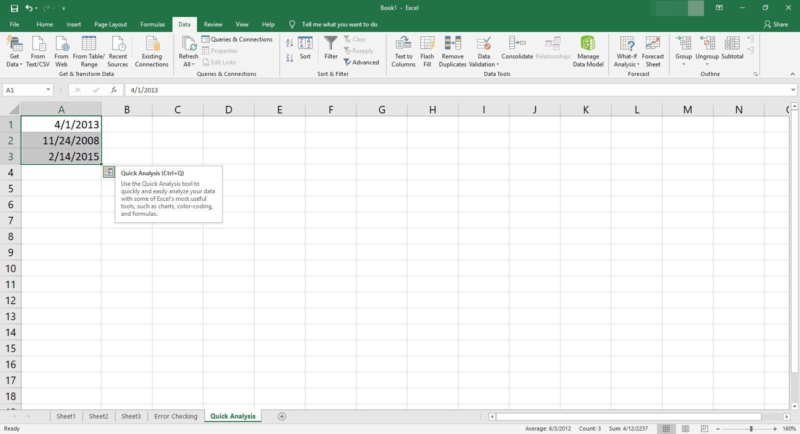Использование быстрого анализа для изменения формата даты в Excel.