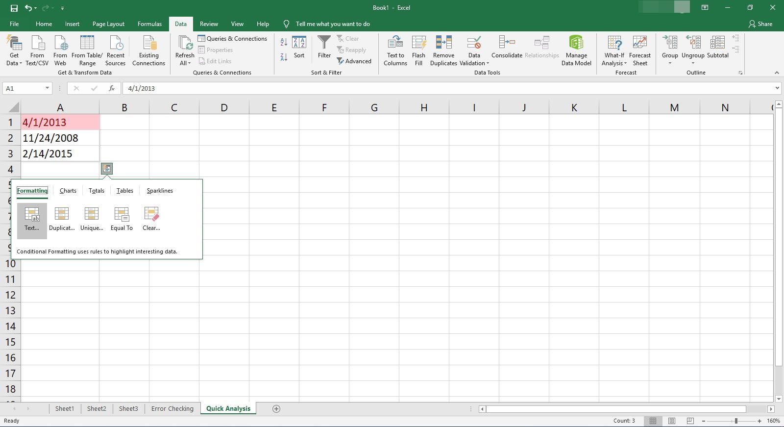 Выбор формата текста в Quick Analysis в Excel.