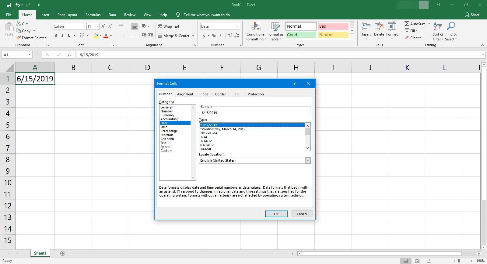 Диалоговое окно «Формат ячеек» в Excel.