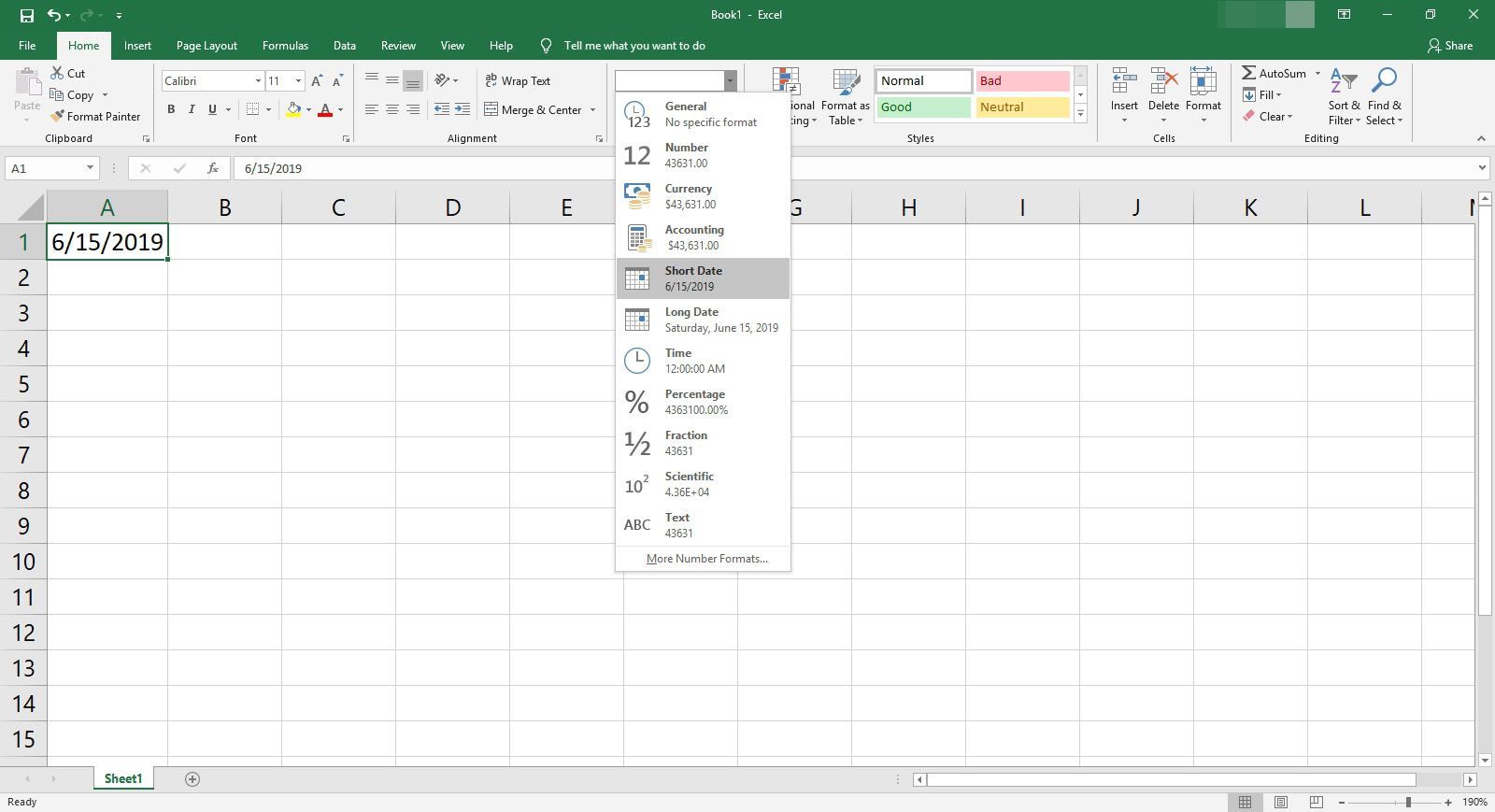 Использование опции «Короткая дата» в Excel.