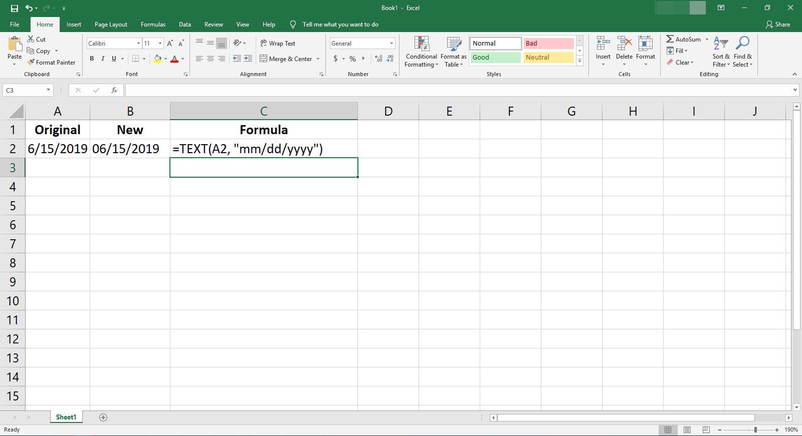Формула для изменения текстовой даты в формат даты в Excel.