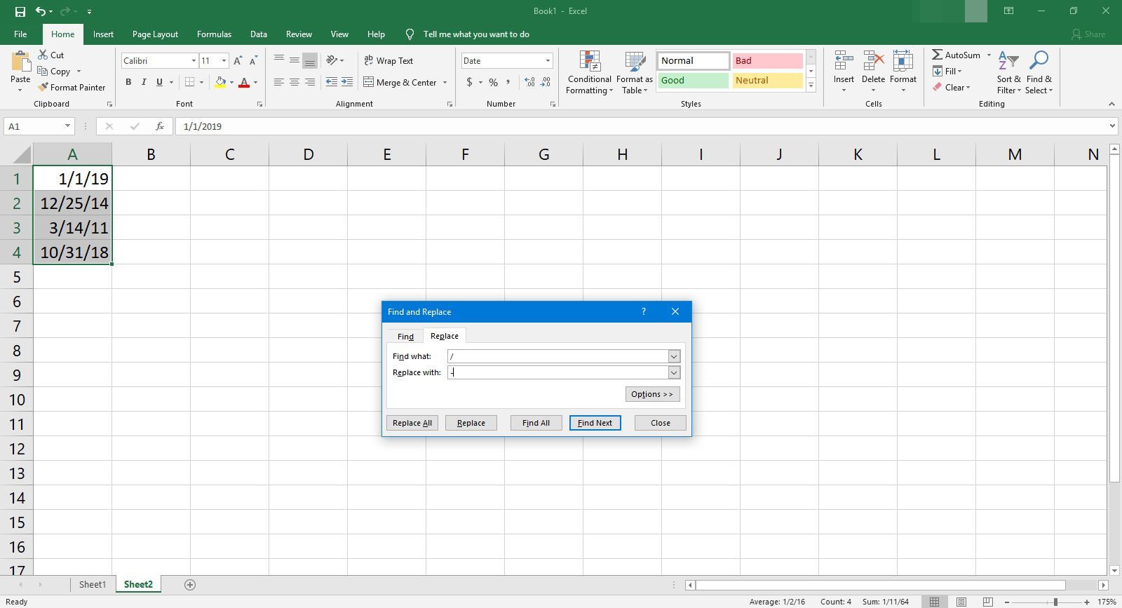 Диалоговое окно «Найти и заменить» в Excel.