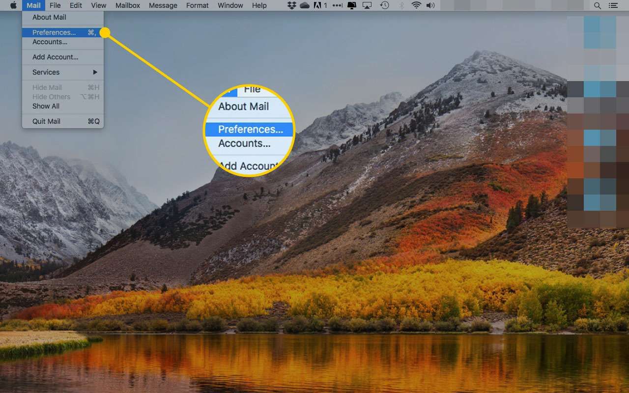 Mac OS X Mail с выделенным параметром «Настройки»