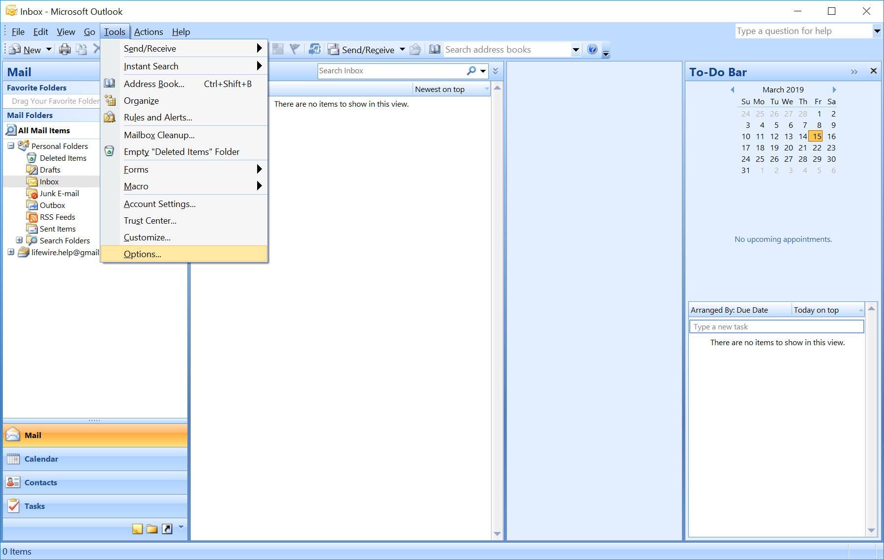 Outlook 2007 Инструменты и параметры меню