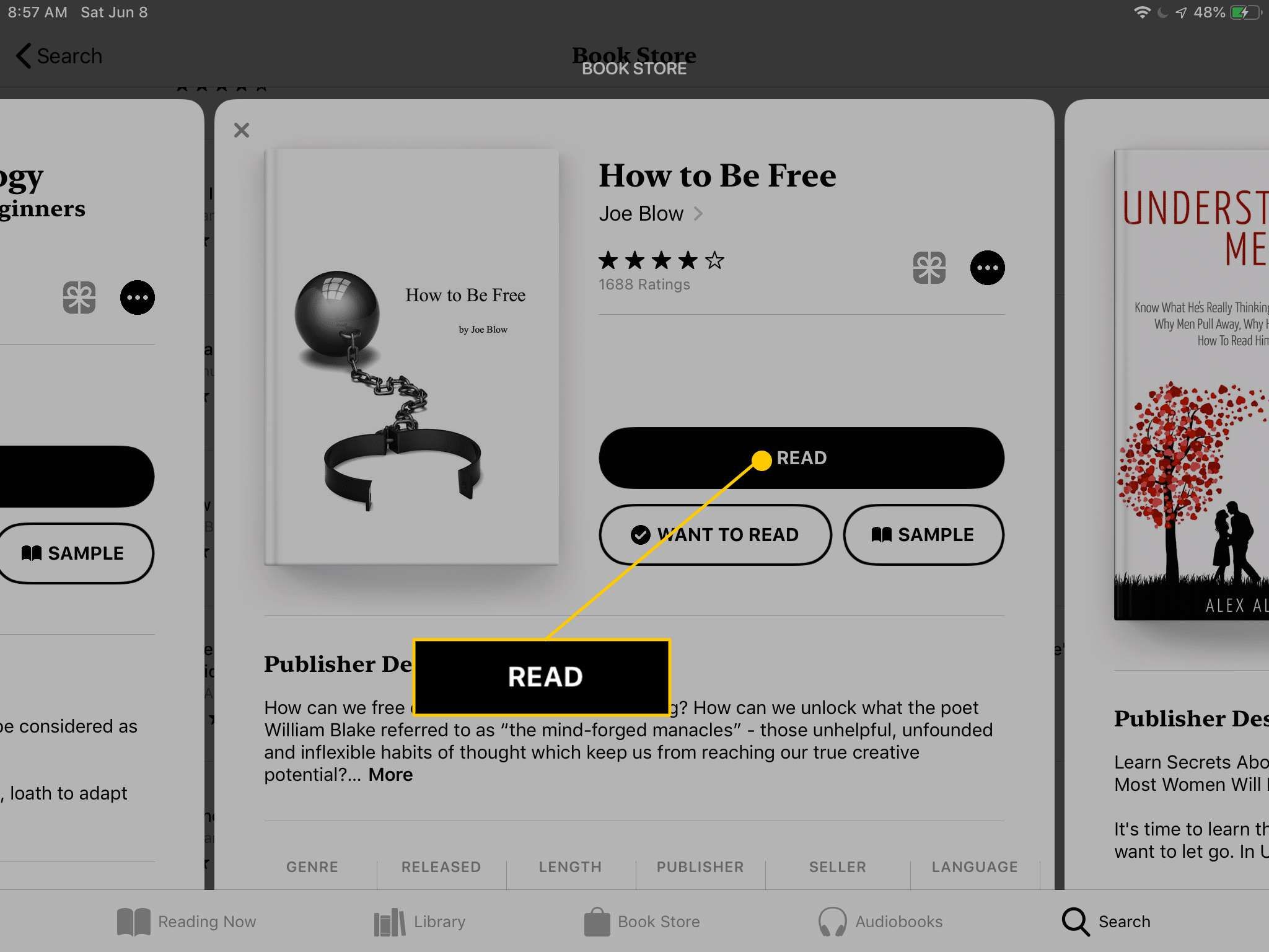 Кнопка «Читать» в приложении «Книги» на iPad