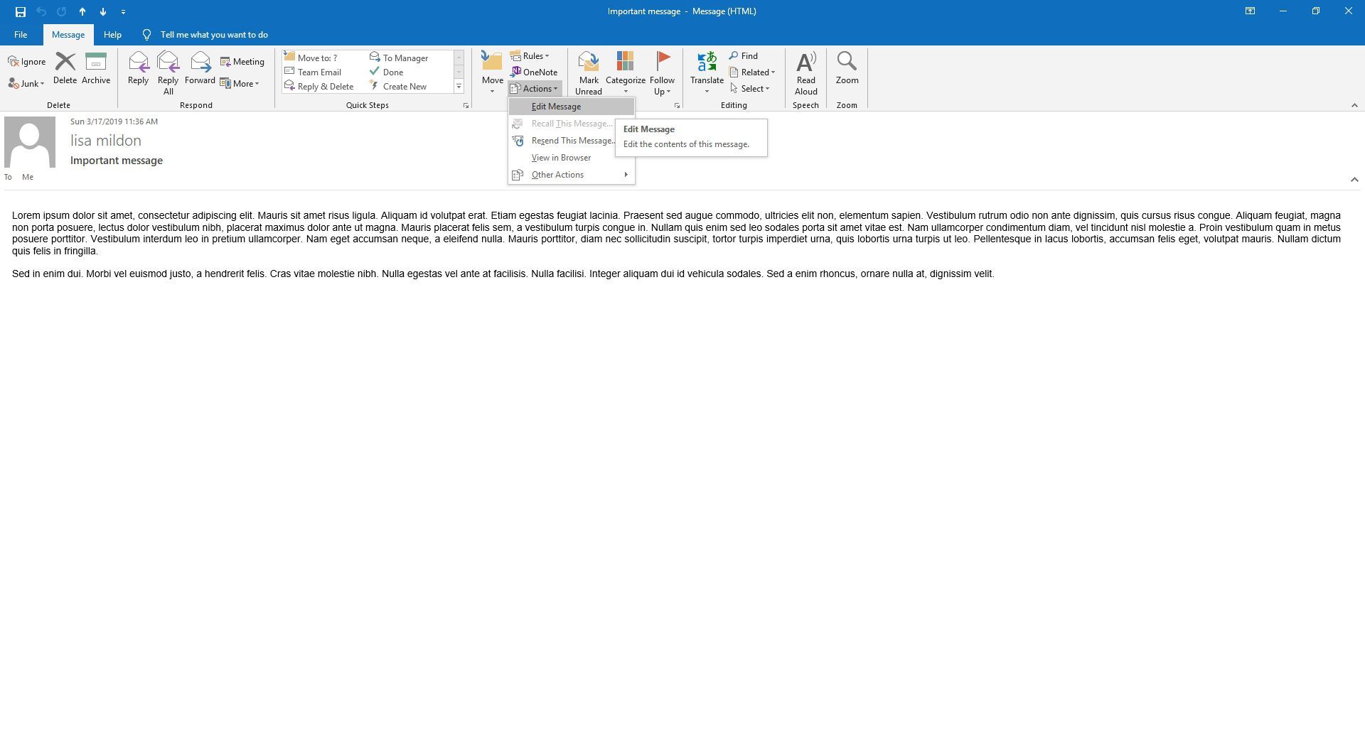 Редактировать сообщение выбирается в электронном письме в Outlook.