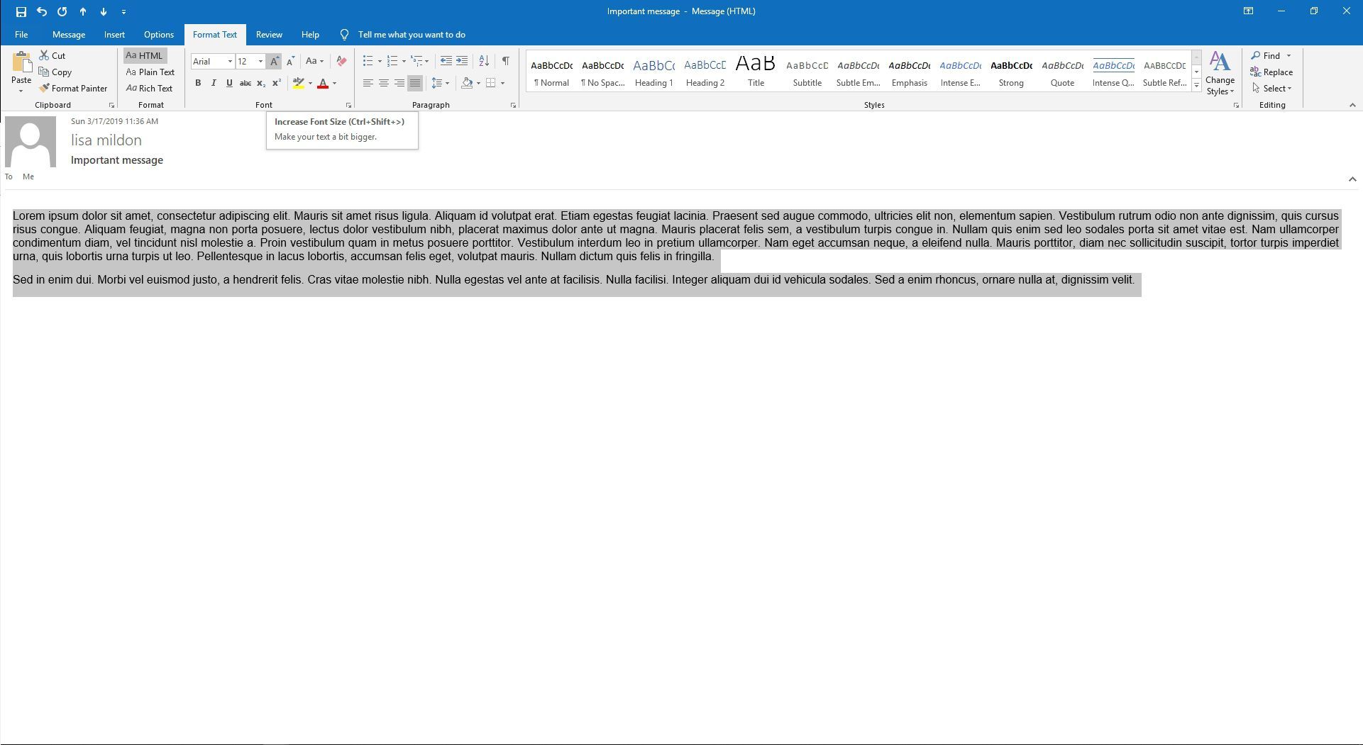 Текст в электронном письме Outlook будет увеличен в размерах.