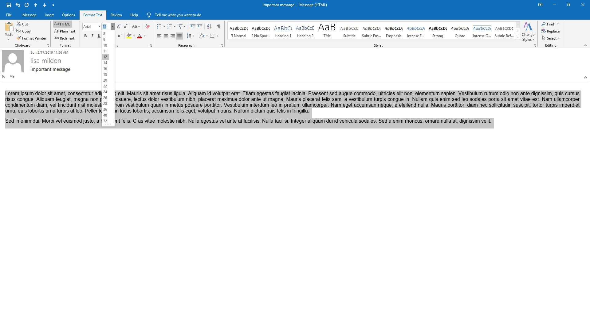 Outlook письмо с отображением меню размера шрифта.