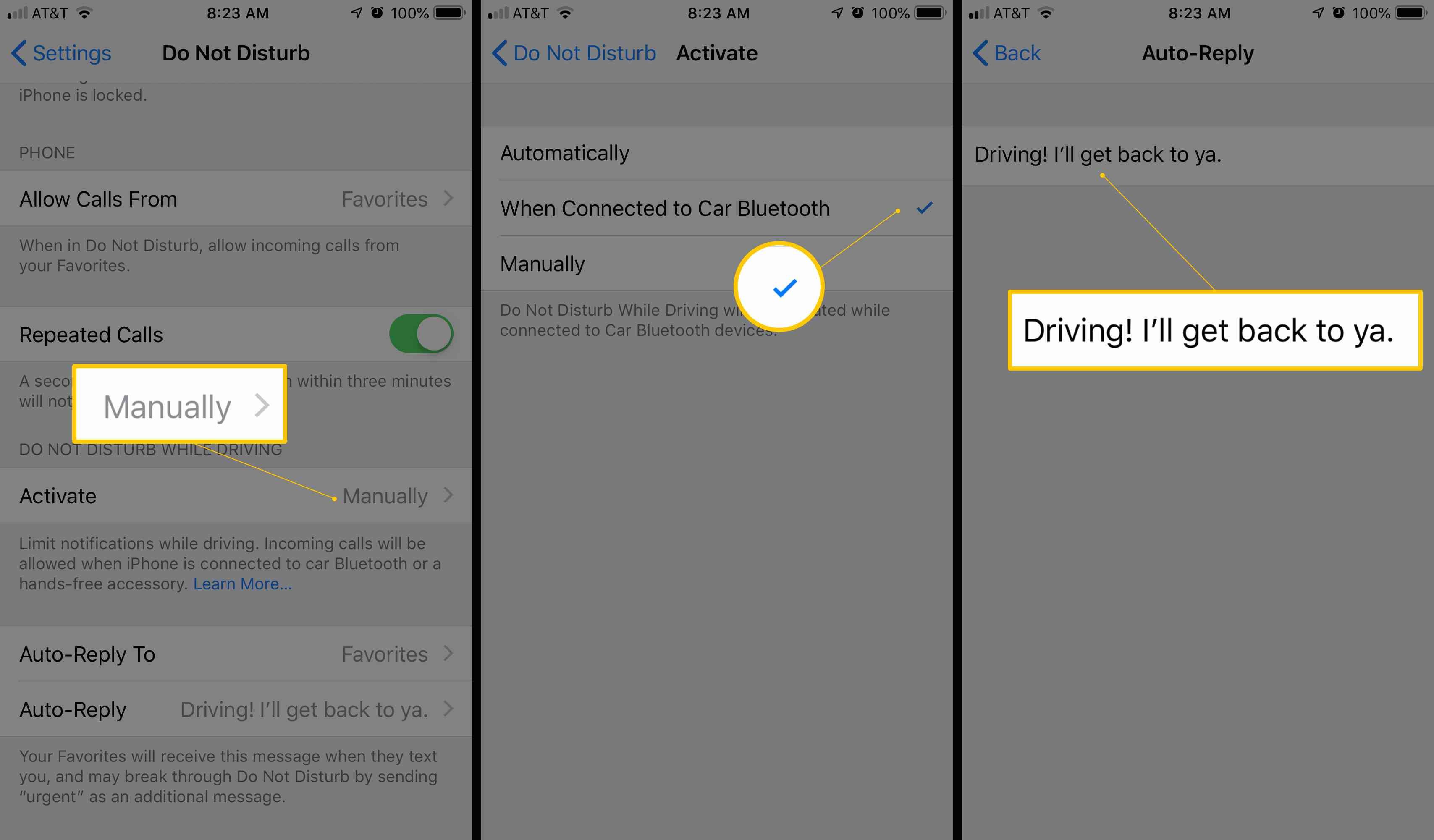 Три экрана iOS с надписью «Не беспокоить во время вождения вручную», флажок, Автоответ