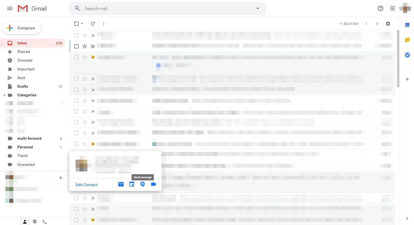 Gmail с отображенным диалоговым окном контакта