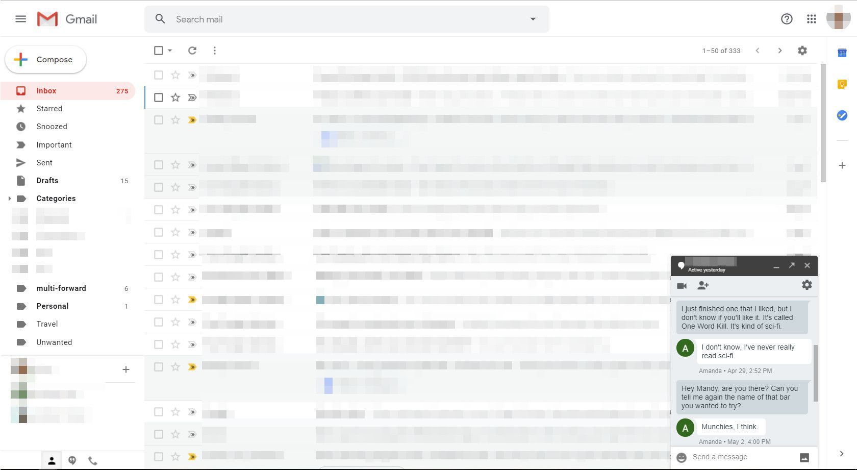 Gmail с отображенным окном сообщений