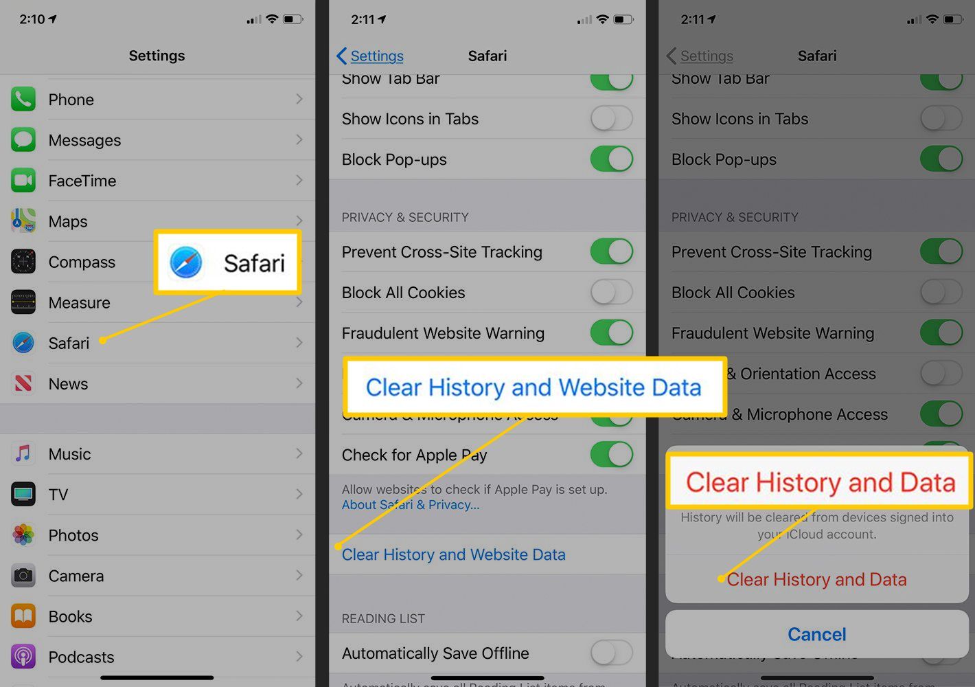 Safari, кнопки «Очистить историю и данные веб-сайта», «Очистить историю и данные» в настройках iOS