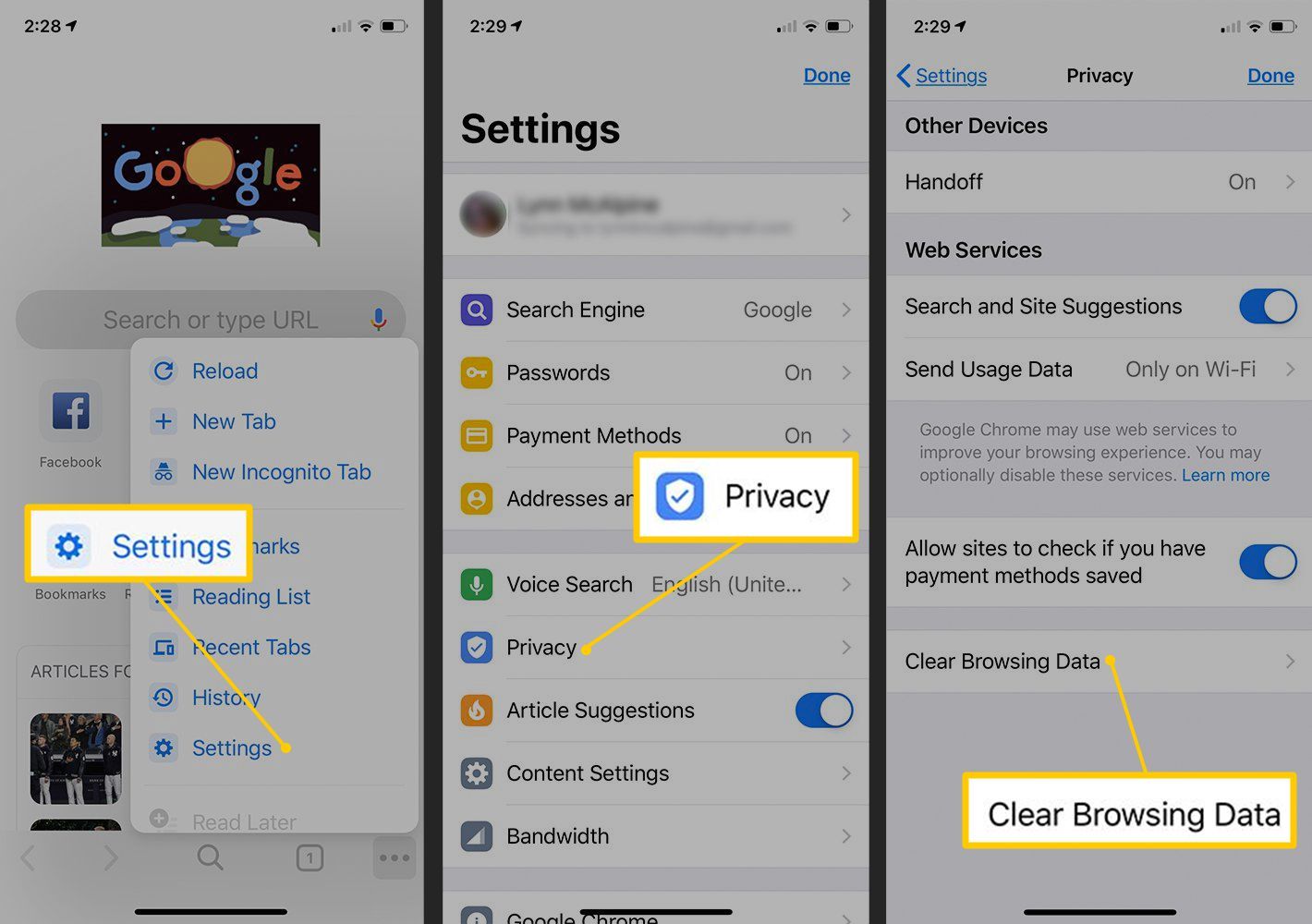Кнопки «Настройки», «Конфиденциальность», «Очистить данные браузера» в Chrome для iOS